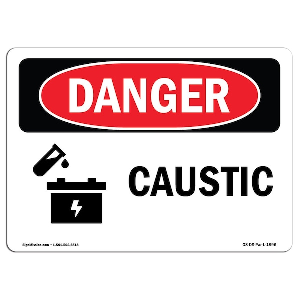 Safety Sign, OSHA Danger, 3.5" Height, 5" Width, Caustic, Landscape, DS-D-35-L-1996-10PK
